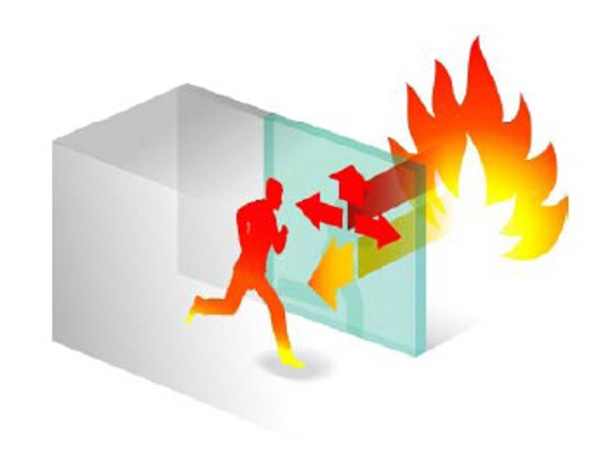 Illustratie brandweerstand; brand aan 1 zijde van de muur en een man die wegrent aan de andere zijde