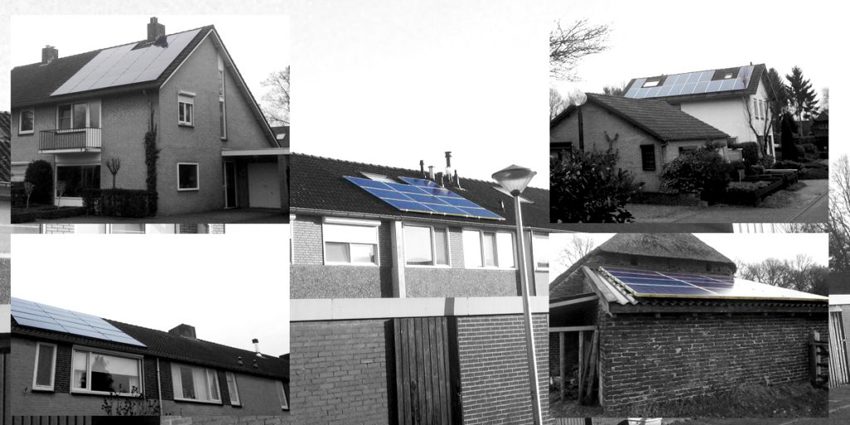 Fotocollage van diverse woningen met zonnepanelen. 