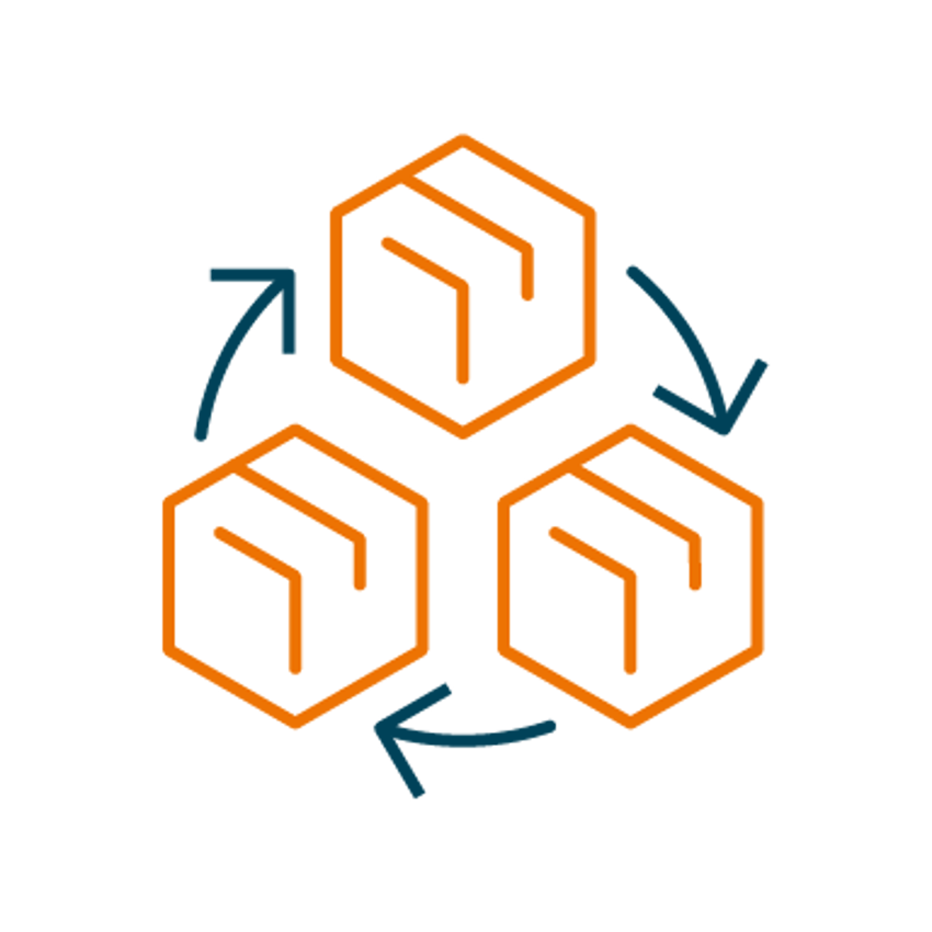 Icoon van drie producten die in een cirkel afgebeeld zijn en elkaar opvolgen. 