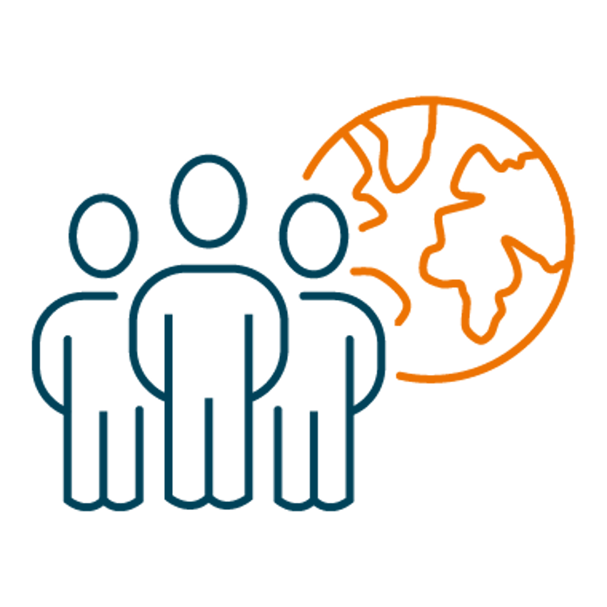 Icoon van 3 poppetjes die voor de wereldbol afgebeeld zijn. 