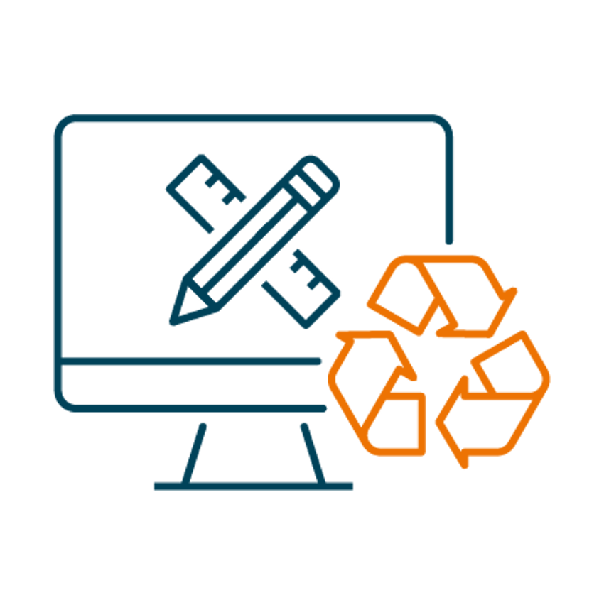 Icoon van een computerscherm met daarop een potlood en liniaal en het recycleteken daarnaast. 