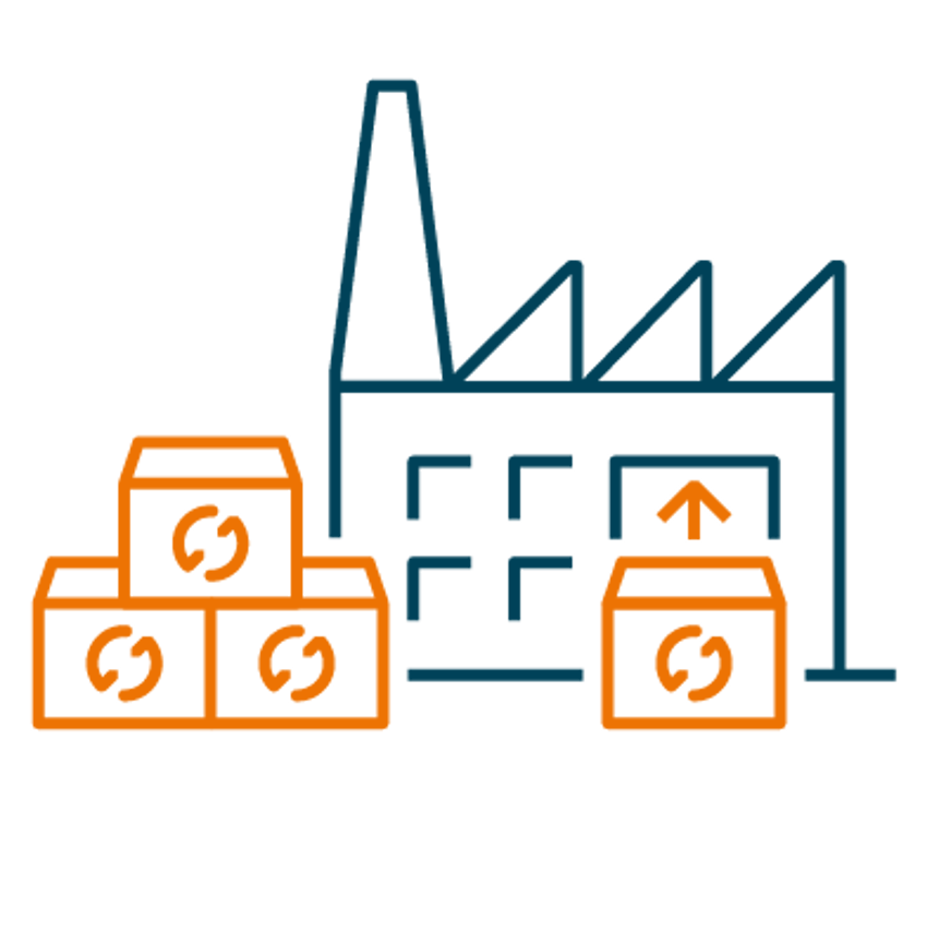 Icoon van een fabriek met daarvoor producten die een circulariteit embleem hebben. 