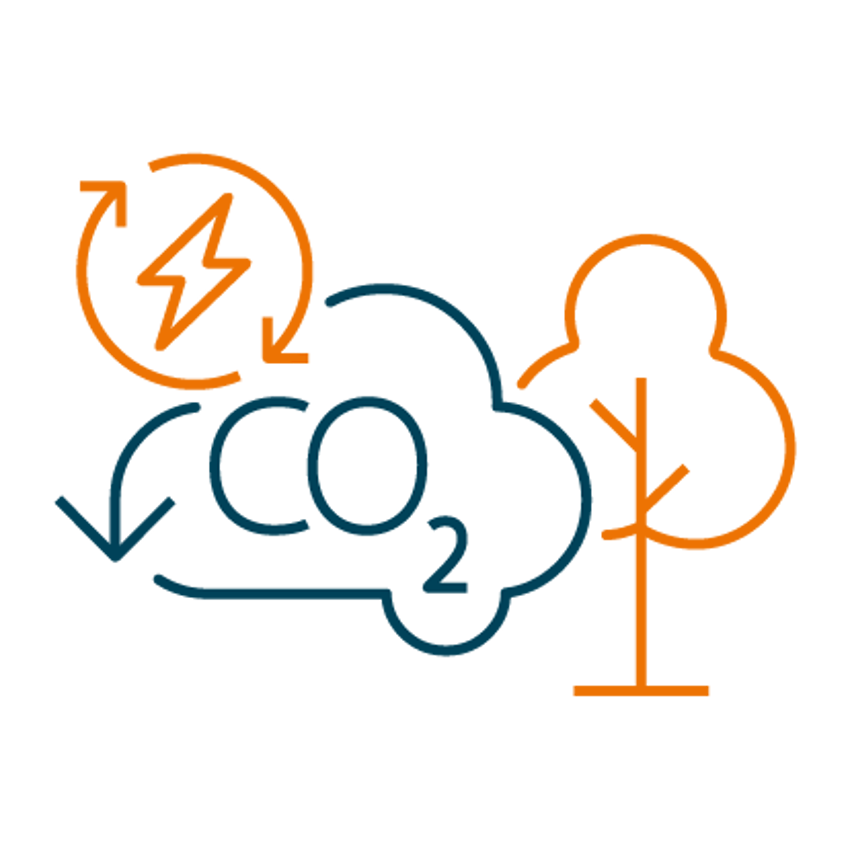Icoon van een wolk Co2 bij een boom en een teken van non-fossiele brandstof vermindering.