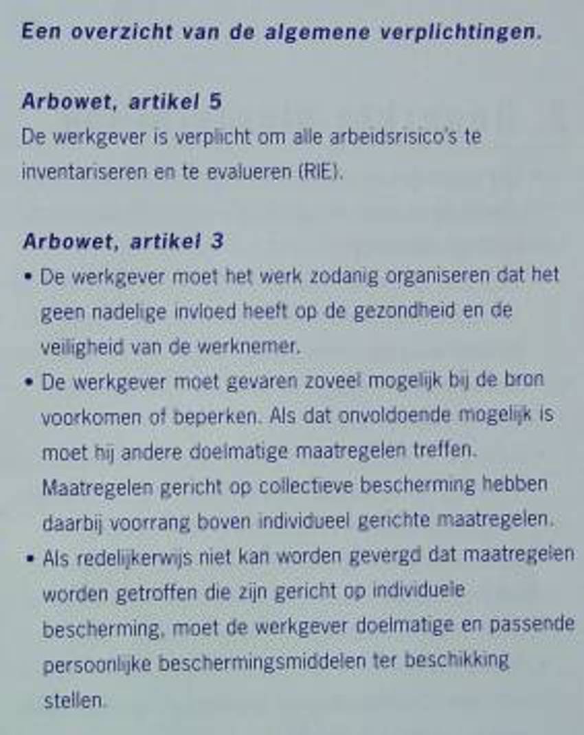 Een screenshot van algemene verplichtingen vanuit de Arbowet betreft artikel 3 en 5. 