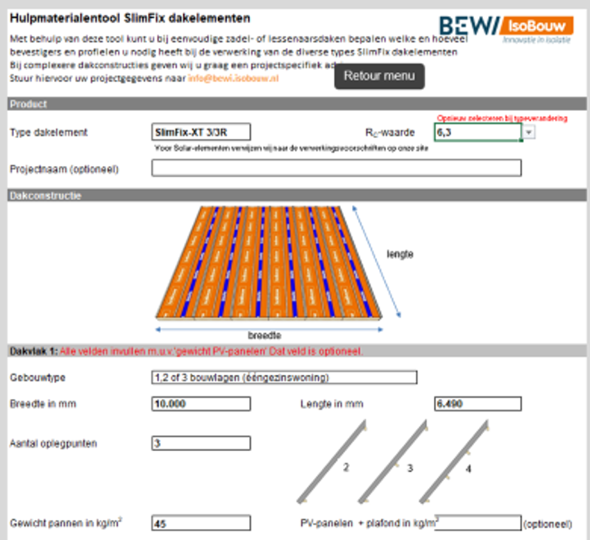 Screenshot van de hulpmaterialen tool van BEWI IsoBouw voor SlimFix dakelementen. 