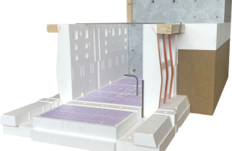 Packshot van PowerKist Duo in de toepassing met zandbed, vloerisolatie en beton weergegeven. 