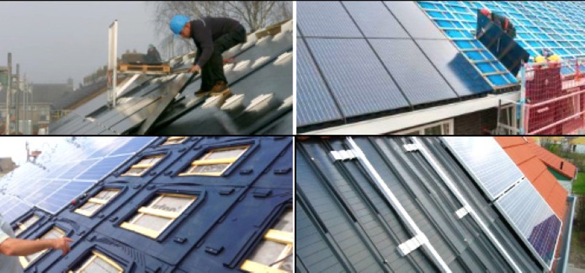 Fotocollage van 4 foto's van woningen waar zonnepanelen liggen of geplaatst worden. 
