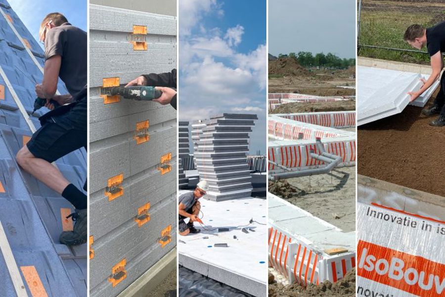 Een collage van verschillende BEWI IsoBouw producten voor diverse bouwdelen