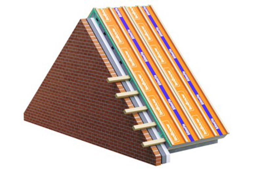 Illustratie van een muur en SlimFix XT dakelementen met een kopgevel-overstekvoorziening. 