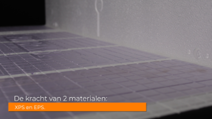 Close-up van de bodemplaat van PowerKist Duo waarbij de nadruk ligt op de combinatie XPS en EPS. 