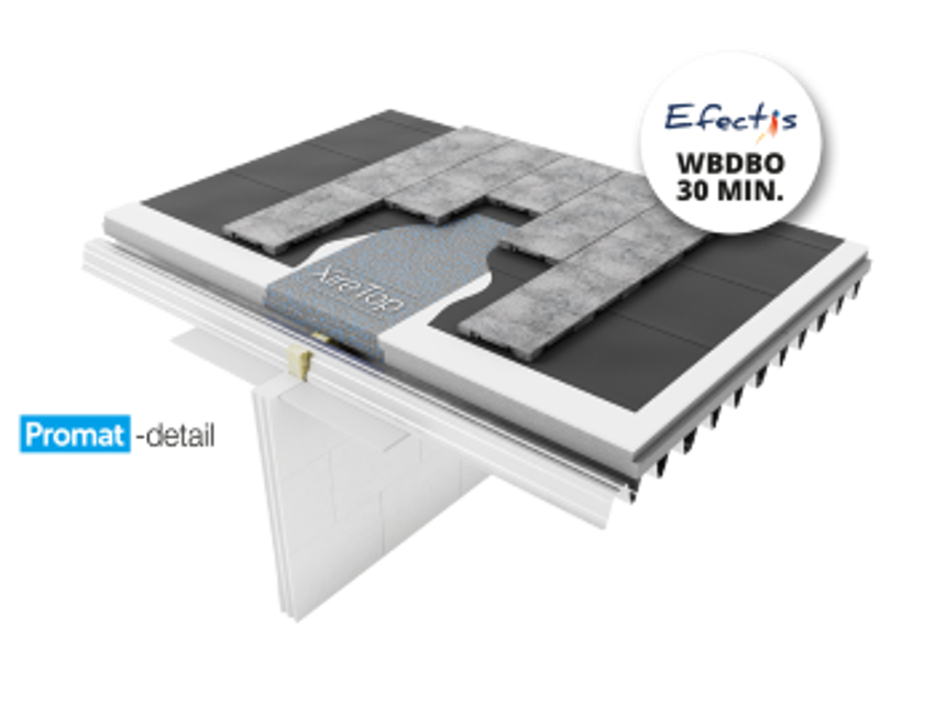 Packshot van XireTop plat dak isolatie met een vermelding van Efectis en WBDBO van 30 minuten. 