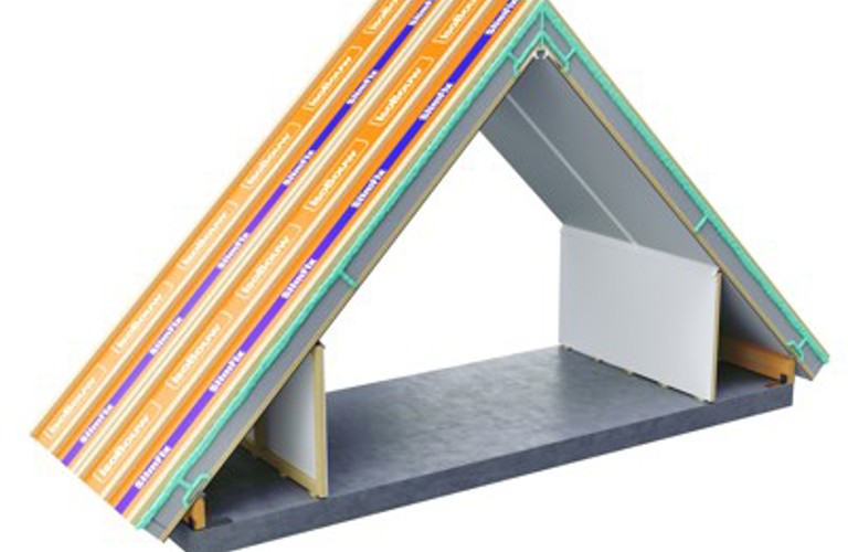 Illustratie van het scharnierende SlimFix XT Max prefab dakelement vanuit de kopse kant. 