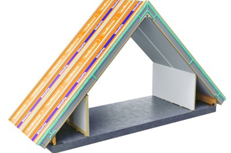 Illustratie van het scharnierende SlimFix XT Max prefab dakelement vanuit de kopse kant. 