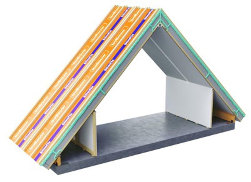 Illustratie van het scharnierende SlimFix XT Max prefab dakelement vanuit de kopse kant. 