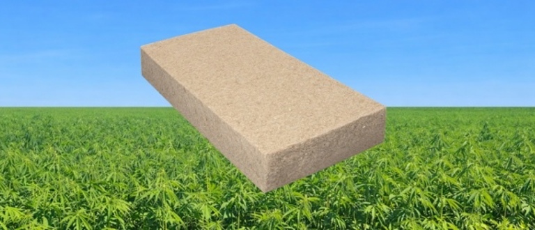 Illustratie van een BEWI Hemp isolatieplaat op de voorgrond van een hennepveld. 