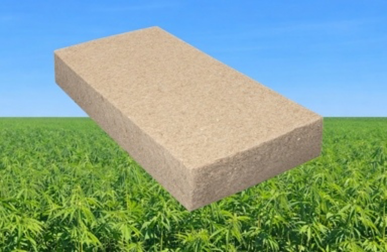 Illustratie van een BEWI Hemp isolatieplaat op de voorgrond van een hennepveld. 