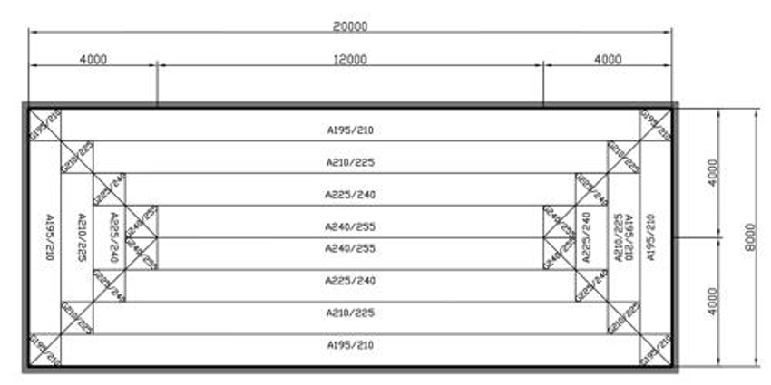 Tekening van een projectspecifiek legplan met nummering en afmetingen. 