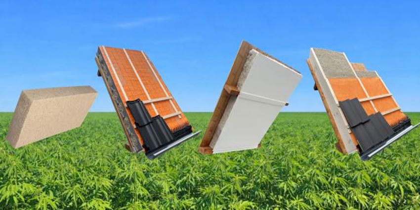 Illustratie van vier soorten BEWI Hemp isolatieproducten op een achtergrond van hennep planten. 