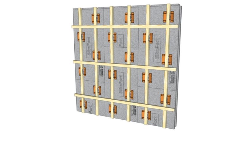 Illustratie van een verticale plaatsing van het houten regelwerk in de SlimFort gevelisolatie.