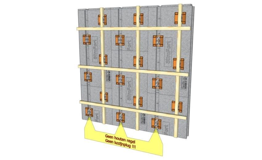 Illustratie van een verticale plaatsing van het houten regelwerk in de SlimFort isolatieplaat.