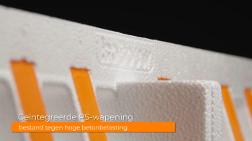 Close-up van de zijwand van PowerKist Duo bekisting waarbij de focus ligt op de PS-wapening. 