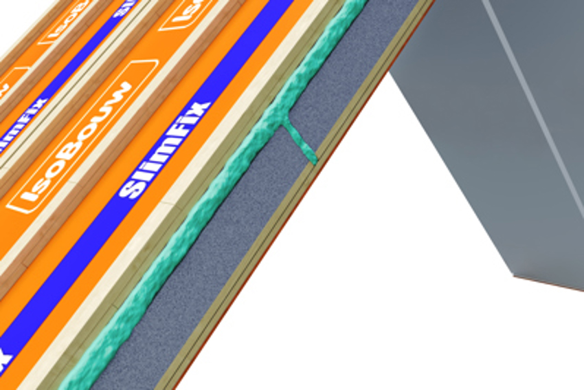 Illustratie van het dakelement waar een afdichtingsgoot over de lengte zichtbaar is die gepurd is. 
