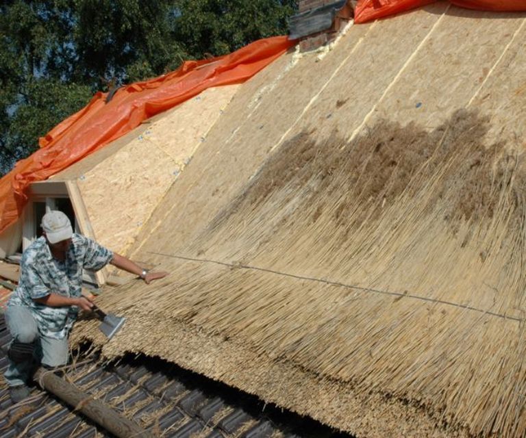 Projectfoto van SlimFix Riet dakplaten waar een rietdekker een aantal bundels riet scheert. 