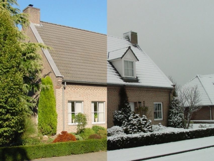 Foto van een woning aan de linkerzijde in de zomer en de rechterzijde in de winter. 