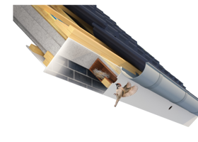 Packshot en illustratie van een vogel en nestje in de Avi-Nestkast van een BEWI IsoBouw dakplaat. 