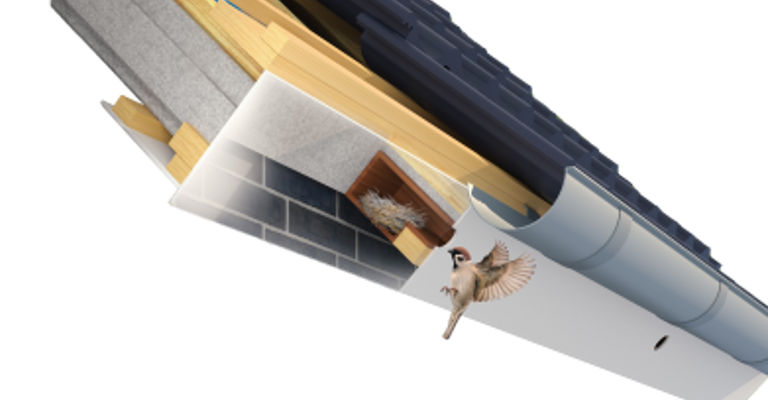 Packshot en illustratie van een vogel en nestje in de Avi-Nestkast van een BEWI IsoBouw dakplaat. 