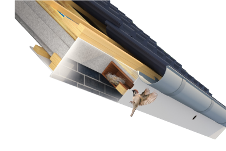 Packshot en illustratie van een vogel en nestje in de Avi-Nestkast van een BEWI IsoBouw dakplaat. 