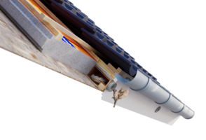 Packshot en illustratie van een vogel en nestje in de Avi-Nestkast van een BEWI IsoBouw dakplaat. 