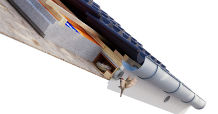 Packshot en illustratie van een vogel en nestje in de Avi-Nestkast van een BEWI IsoBouw dakplaat. 