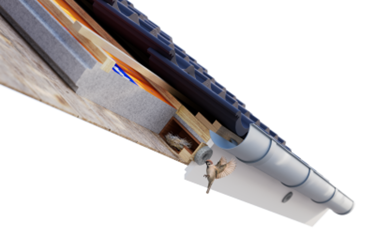 Packshot en illustratie van een vogel en nestje in de Avi-Nestkast van een BEWI IsoBouw dakplaat. 