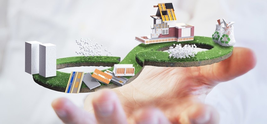 Afbeelding van een lemniscaat waarbij je de cyclus van grondstof, product tot recyclemateriaal ziet.